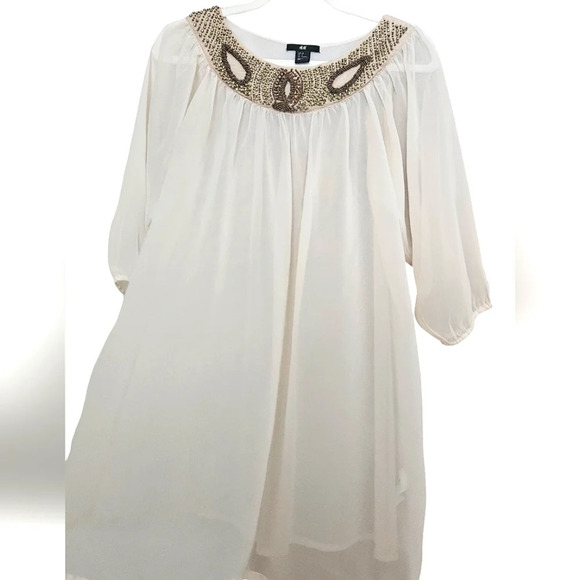 H&M Sheer cream tunic/mini dress. Gold and embellished neckline. Size 4 - Picture 1 of 8